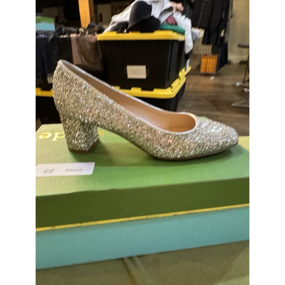 Kate Spade Dolores‎ Silver Gold Glitter Block Heel Pumps Women Size 6 Display